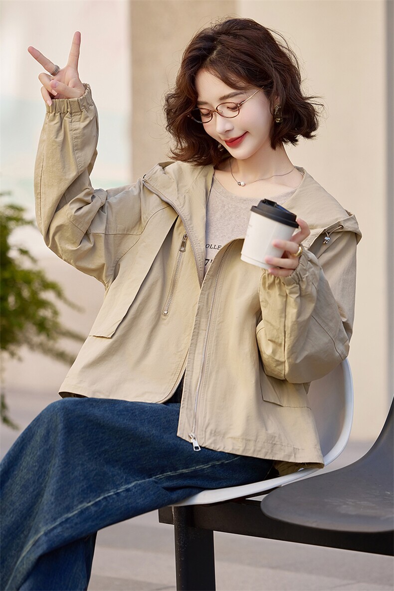 2024秋装新款连肩袖大码双拉链风衣女短款外套,女装风衣,梦芯尔