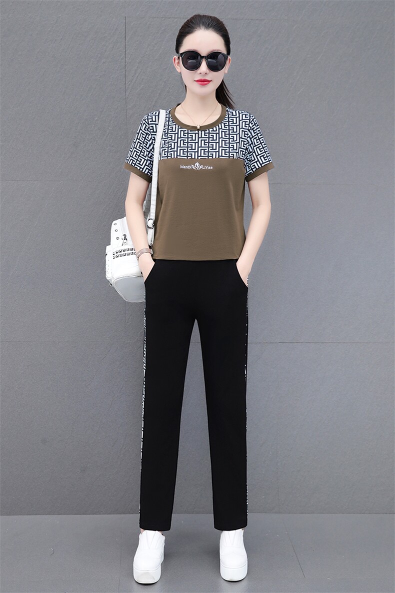 燕颉纯棉休闲运动服套装女士夏季2023短袖宽松大码妈妈两件套薄款,女装套装/套裙,燕颉服饰