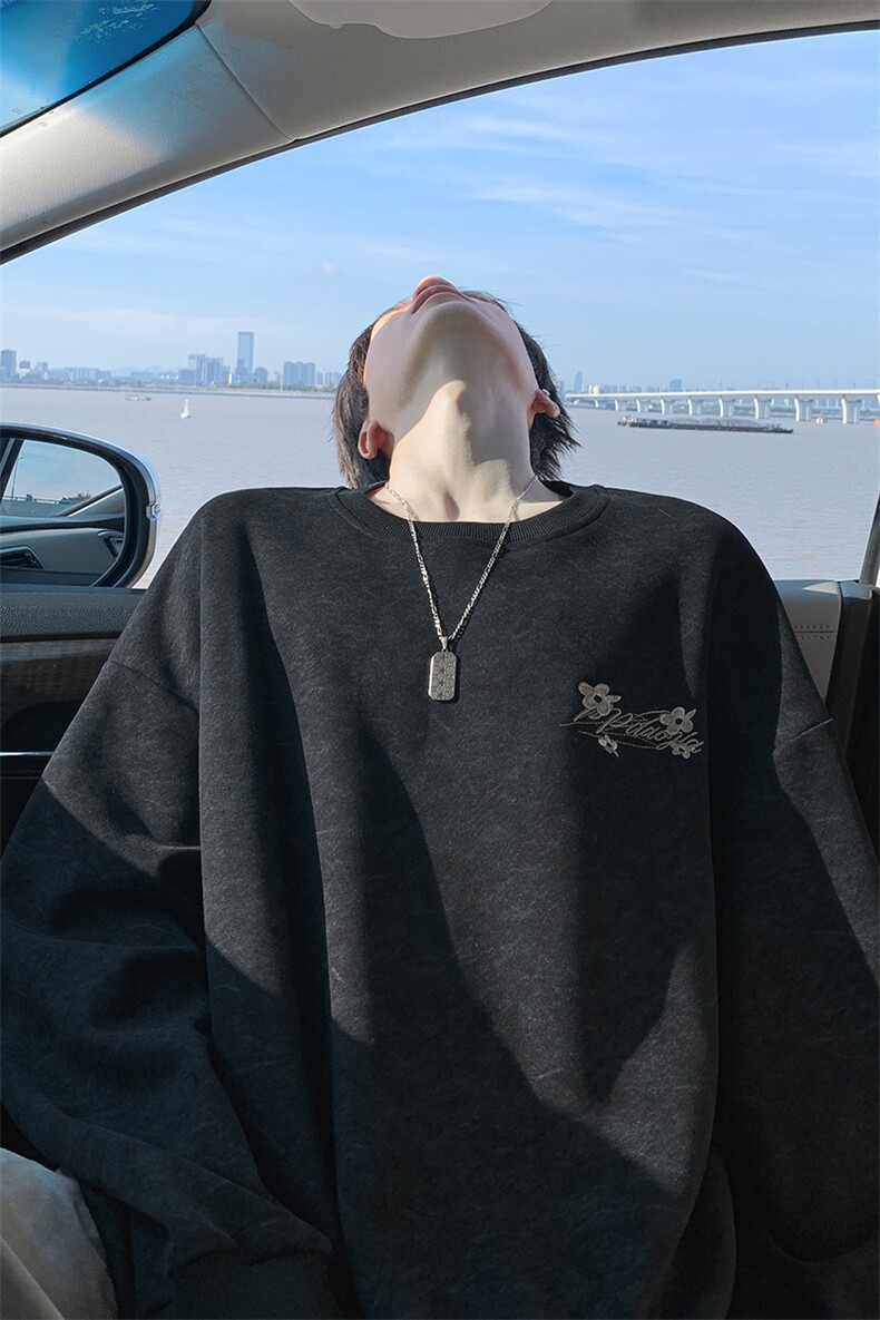 高克重420g华棉英文花朵刺绣扎染大码长袖卫衣男W5442-特P40控78,男装卫衣,电商A001-1
