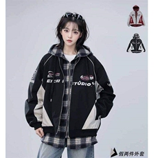 春季新款港风美式潮牌假两件字母印花连帽夹克XZ213-JK6666-P80，男装夹克，星座213