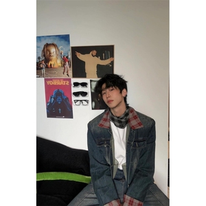 【有货】格子拼接牛仔外套男女设计感美式短款夹克J63LL-特P75