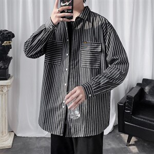 港风条纹衬衫男ins韩版宽松潮流百搭休闲衬衣C925-P35 数据好现货图片