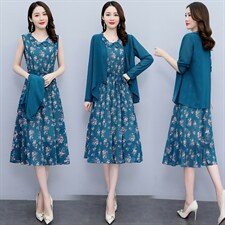 2022年春季时尚简约大方气质优雅收腰显瘦碎花裙两件套，女装套装/套裙，香水丽阁