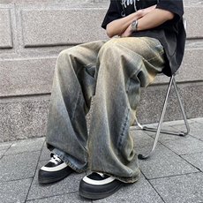 废土风牛仔裤男反面口袋设计感宽松直筒阔腿裤1001-1-GN607-P53，男装牛仔裤，星座1001-1