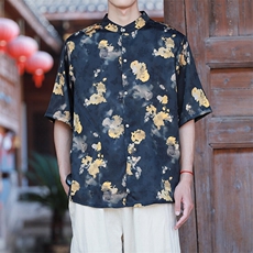 新中式提花风冰丝短袖上衣立领花衬衫时尚百搭T2501-P58，男装T恤，电商A227