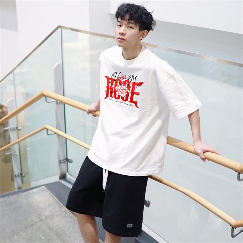 抖音得物供货210克现货宽松纯棉美式潮牌印花落肩袖纯棉T恤AT2190图片