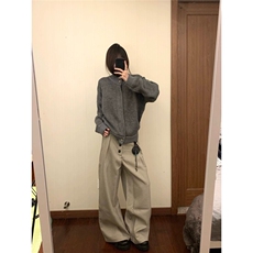 美式复古老钱棕千鸟格褶皱排扣A字阔腿西裤cleanfit通勤百搭长裤，男装西裤，星座506A