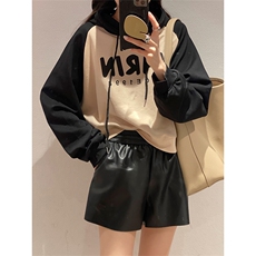 撞色字母涂鸦连帽卫衣女2022早秋新款韩版宽松慵懒风长袖短款上衣，女装卫衣/绒衫，辉之琳