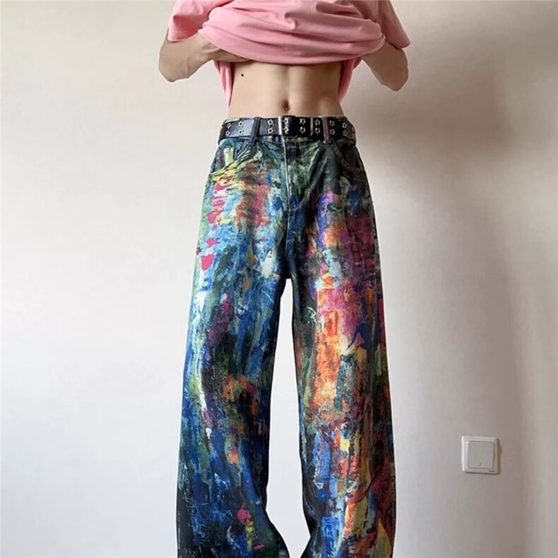 美式复古水洗泼墨油画调色盘牛仔裤男女2025春辣妹3D彩印拖地长裤,男装牛仔裤,星座1210-1