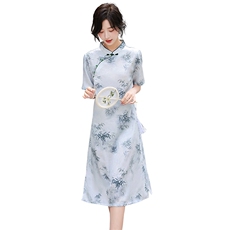 2024新款夏季中式提花气质竹韵泡泡袖连衣裙森系显瘦中长款裙子，女装连衣裙，冬木谷雨