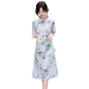 2024新款夏季中式提花气质竹韵泡泡袖连衣裙森系显瘦中长款裙子图片