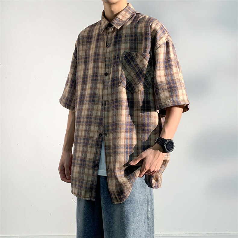 短袖衬衣男夏季新款港风宽松大码设计格子衬衫CS1906-P35,男装衬衫,星座214-3