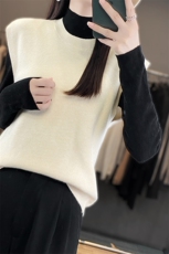 时尚气质休闲百搭简约安迪绒元宝针圆领马甲女，女装马甲，思牵羊绒