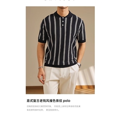 夏季极简绅士撞色条纹polo衫短袖男士商务高级感百搭休闲翻领T恤，男装T恤，星座506A