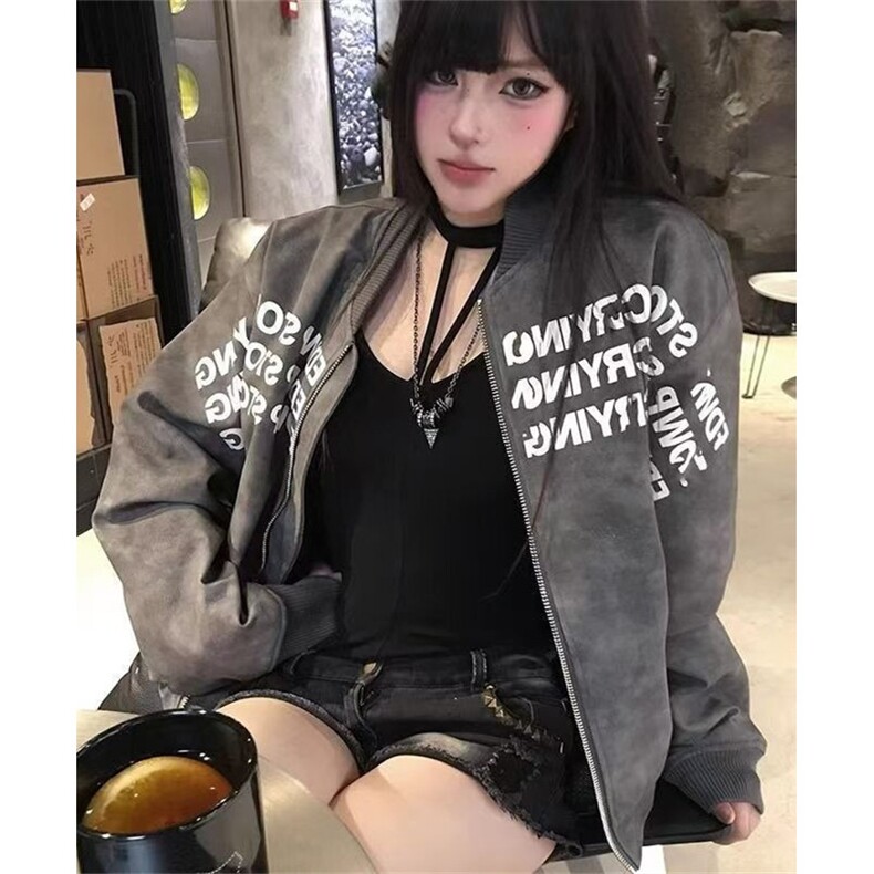复古字母印花棒球服外套男女春秋飞行员夹克皮上衣 JA891图片