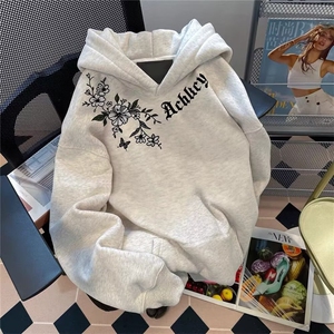 1506/GRW6950/P42美式潮牌玫瑰印花连帽卫衣学生男女春秋冬宽松图片