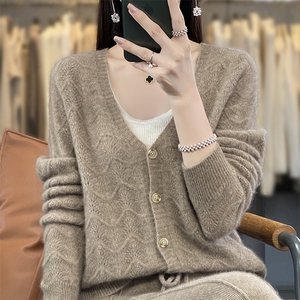 2025早秋新款V领100%纯羊毛衫女镂空针织长袖毛衣羊绒衫宽松上衣