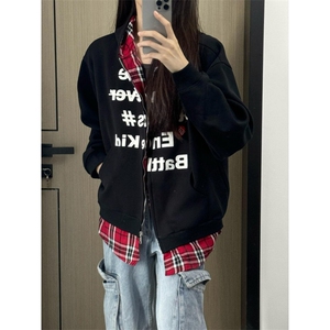 假两件连帽开衫卫衣男款春秋季加绒加厚格子拼接重磅美式高街外套图片