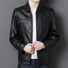 秋季2023新款男士商务休闲中年时尚翻领上衣纯色加绒皮衣外套，男装皮衣，电商B212（原钱塘6029）