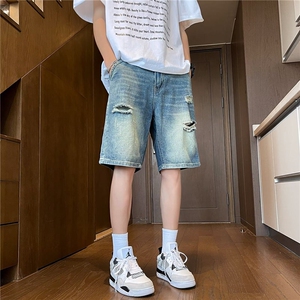 夏季薄款破洞牛仔短裤男美式vibe复古宽松中裤潮牌街头百搭五分裤图片