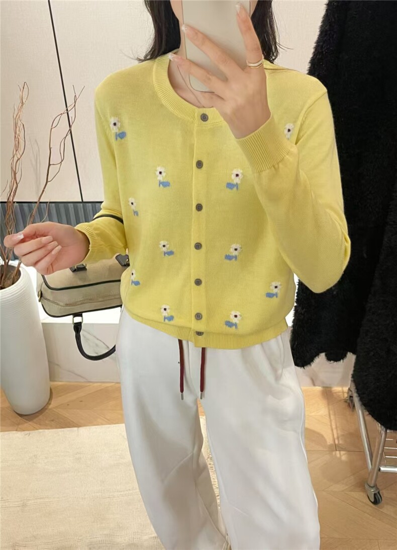 单排扣开衫立领长袖短款嵌花春秋新款针织衫,针织衫/毛衣,晨旭羊绒