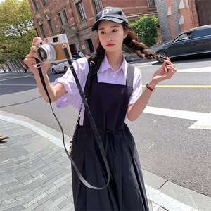 小众设计感纯色连体裙裤韩版休闲宽松收腰阔腿九分裤工装背带裤女图片