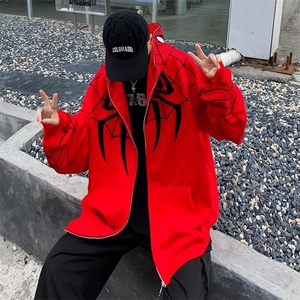 美式复古蜘蛛刺绣拉链开衫连帽卫衣男春秋季潮W61-P57图片
