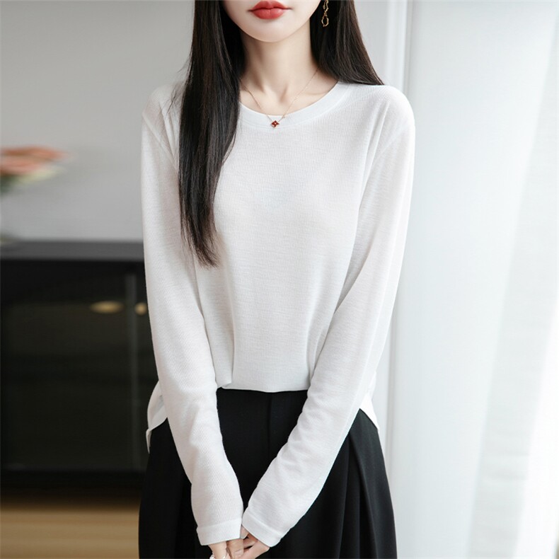 宽松慵懒风冰丝防晒T恤女2025夏长袖薄款大码小个子打底针织罩衫,女装防晒衣,思牵羊绒