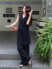 轻熟风气质套装女2026夏季拼蕾丝西装马甲显瘦阔腿裤两件套，女装套装/套裙，冬木谷雨