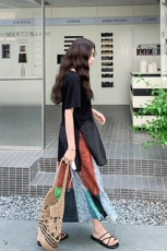 黑色网纱拼接T恤套装女2025夏季新款独特轻熟风撞色半身裙两件套，女装连衣裙，2C029