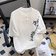 夏季新中式盘扣短袖T恤男小众刺绣竹子设计感复古痞帅风半袖t恤，男装T恤，星座410-7