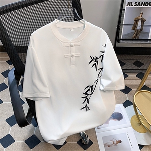 夏季新中式盘扣短袖T恤男小众刺绣竹子设计感复古痞帅风半袖t恤图片