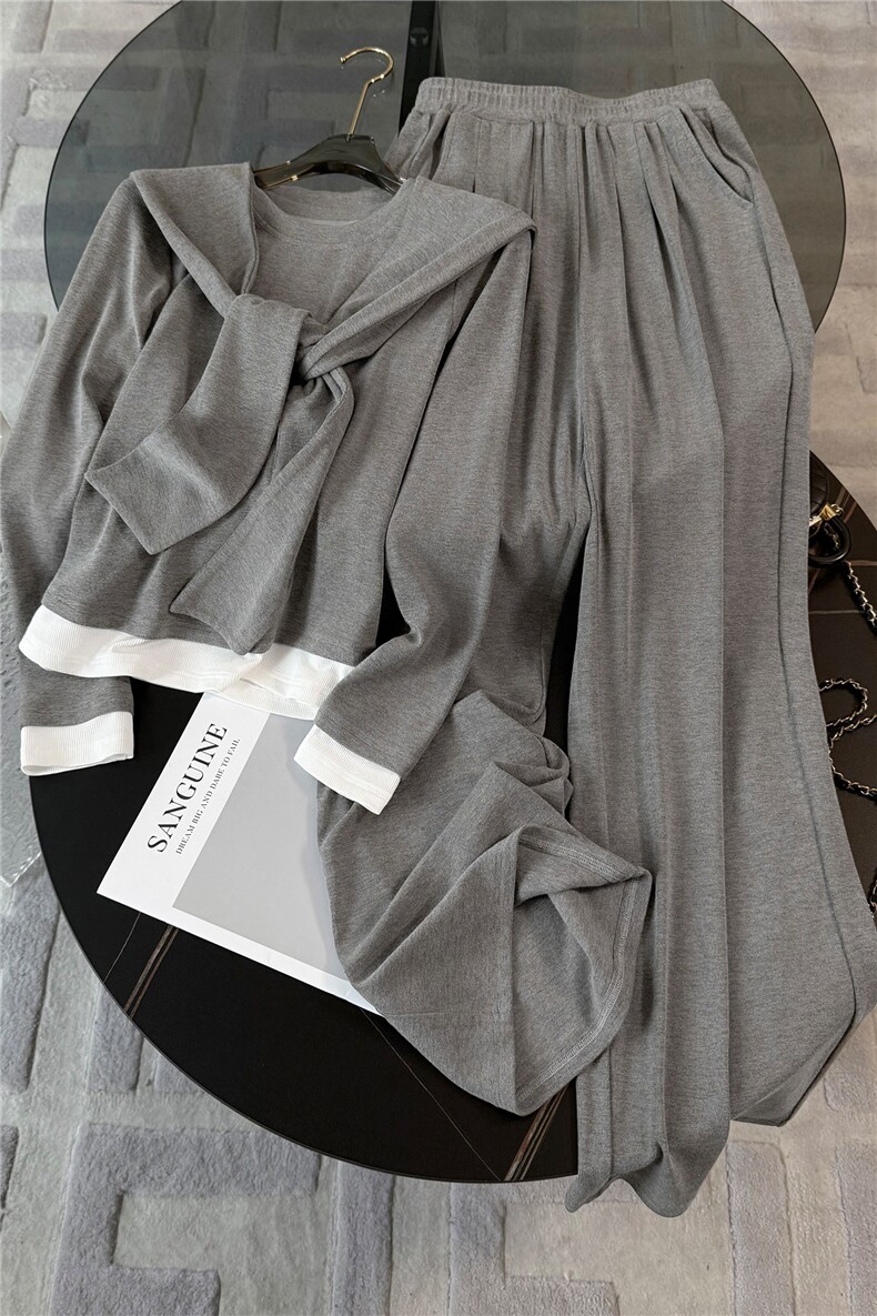 慵懒风休闲运动套装女秋新款纯色长袖T恤外搭披肩阔腿长裤三件套,女装套装/套裙,江南