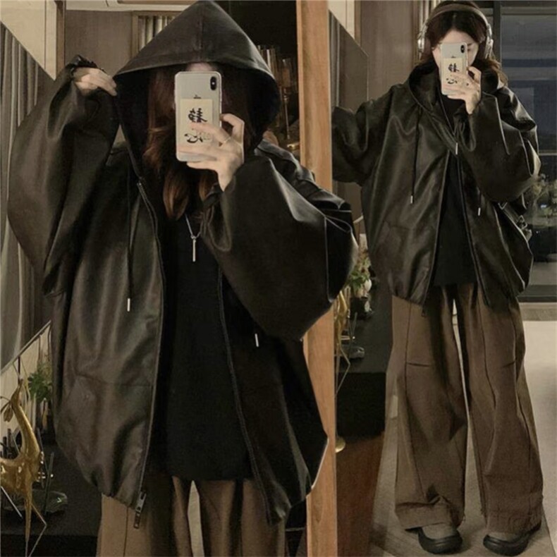 网图 胸口刺绣logo 春季常规皮夹克连帽短拉链双开皮衣J2507-P90图片