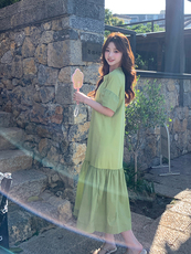 2025夏季新款牛油果绿超好看T恤裙女法式撞色拼接裙摆设计感长裙，女装连衣裙，浙宝276（原081）