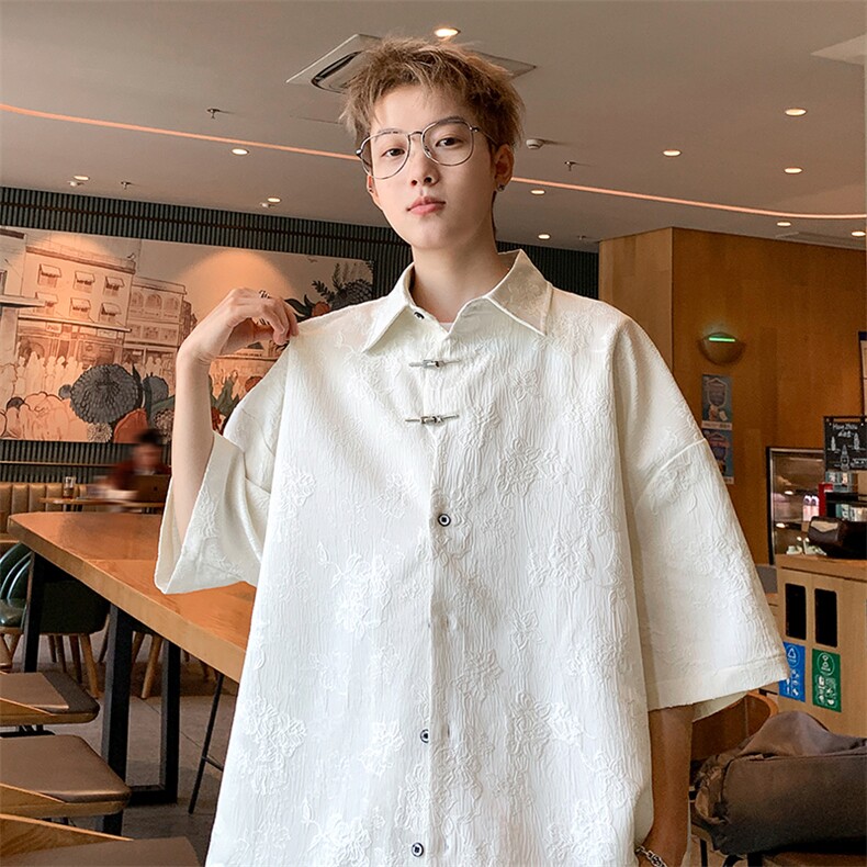 新中式绣花提花短袖衬衫港风休闲T恤P35-控48，男装T恤，星座907