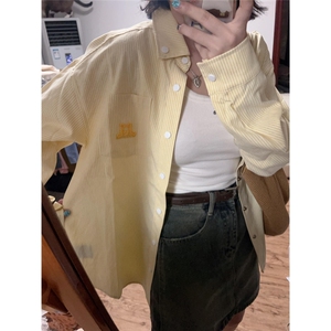 TC741-P45初秋新款黄色衬衫美式条纹小狗刺绣男女款情侣