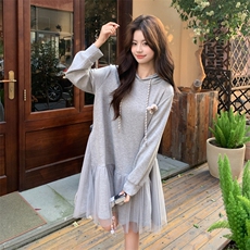 26春新款现-韩系灰色宽松网纱拼接卫衣连衣裙2607B灰-P155K248，女装连衣裙，2B190