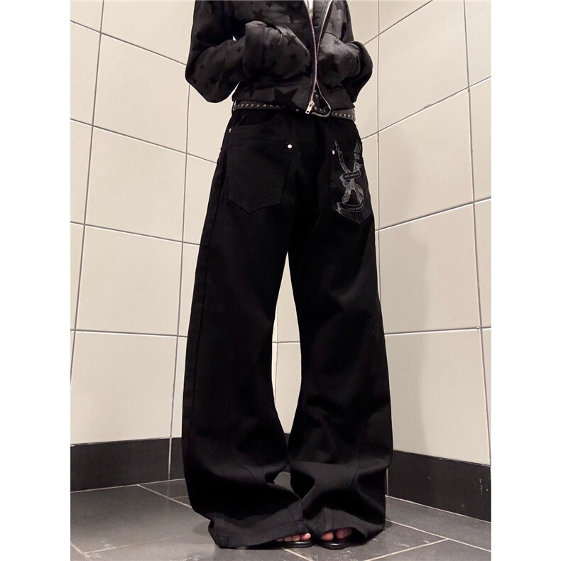 美式复古标语字母拼接牛仔裤女辣妹宽松bf慵懒风弯刀裤潮,男装牛仔裤,星座1210-1