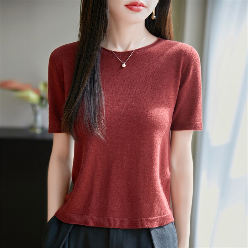 2025年夏季纺醋酸莱赛尔卷边圆领短袖女,女装T恤,美杜莎羊绒