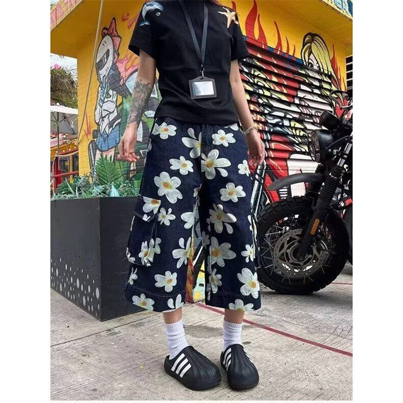 复古邹菊印花工装牛仔七分裤女夏季街头阔腿五分裤短裤KD19,男装牛仔裤,星座1116A（原606A-3）