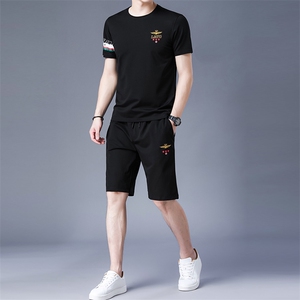 夏季中年冰丝透气短袖t恤男士夏装套装中老年休闲时尚三件套男装图片