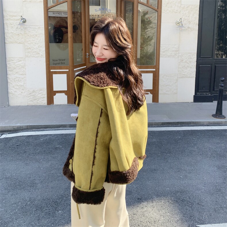 韩系两面穿皮毛一体外套女2025年冬季新款小个子短款加厚短款上衣,女装毛呢外套,2C113