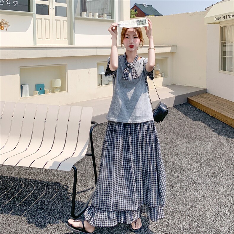 :夏装新款拼接格子T恤＋格子半身裙套装裙2C135-8818P145K208,女装套装/套裙,2C135