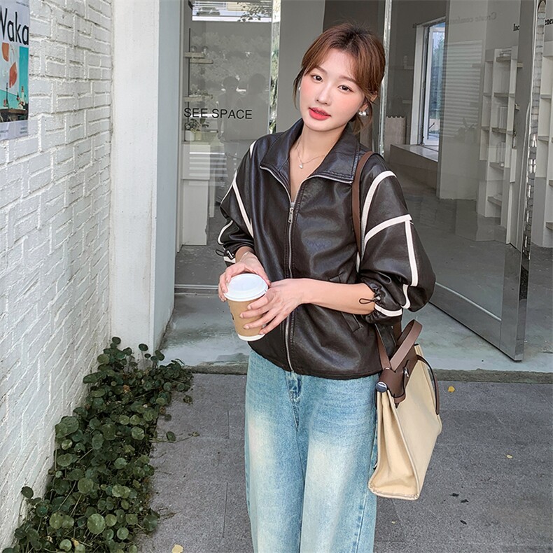 休闲撞色条纹短款外套女2025年秋季新款时尚百搭气质显瘦夹克皮衣,女装皮衣,2C256