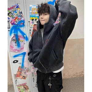 美式水洗做旧连帽开衫卫衣男潮牌十字刺绣宽松设计感休闲拉链外套图片