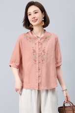 新中式苎麻衬衫女2025夏刺绣减龄高端休闲五分袖中年妈妈小衫上衣，女装衬衫，忆绮罗