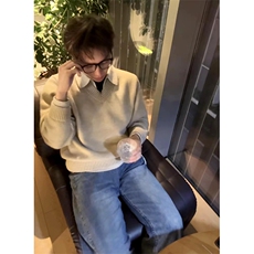 重磅北极绒假两件衬衫领毛衣美式高街复古休闲慵懒纯色翻领针织衫，男装针织衫/毛衣，电商A486