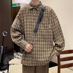 F160-P33 现货港风格子衬衫男2024春季新款长袖宽松潮流百搭衬衣图片