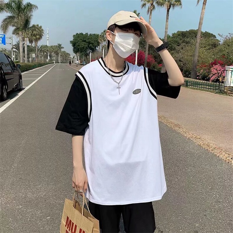 男圆领T恤宽松假两件短袖T205P28图片